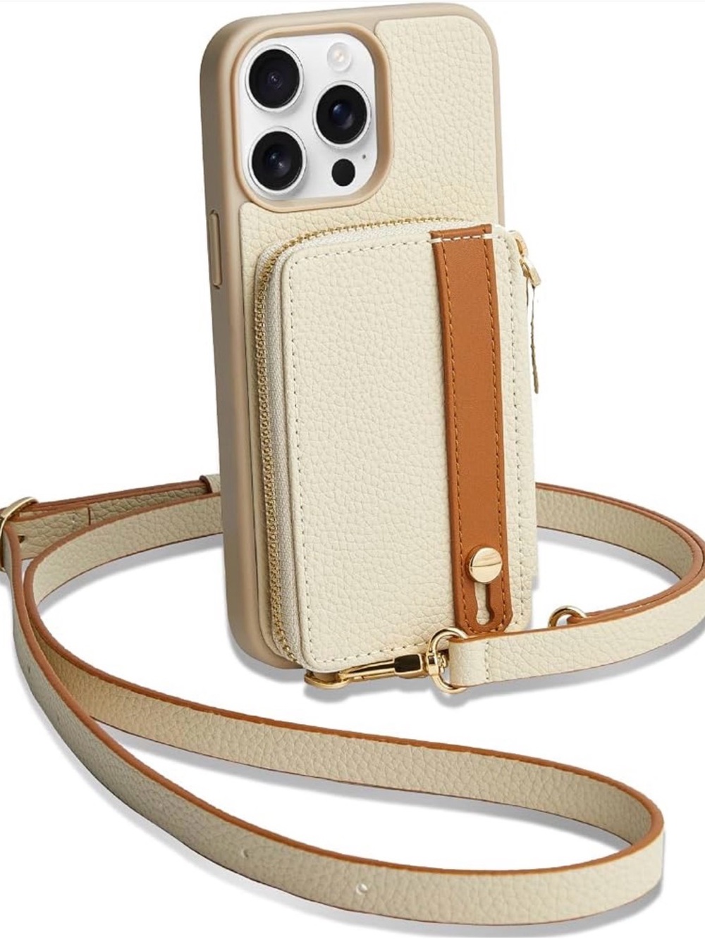 iPhone 15 Pro Crossbody Phone Purse Wallet Case Card Holder Zipper Beige